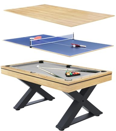 Table Multi-Jeux TEXAS 3 en 1 Billard et Ping-Pong Bois Naturel 183 cm | Se convertit en surface de repas, structure MDF sur 4 pieds, jeu de boules et raquettes fournis
