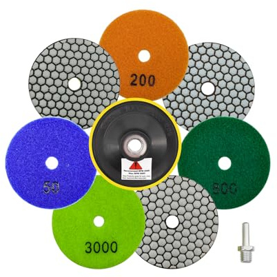 QUEFORET Dischi Diamantati per Lucidatura 9 Pezzi - 100mm Tamponi (Grana 50/100/200/400/800/1500/3000), 1 Pezzo Platorello, 1 Pezzo Adattatore per Lucidatura Granito Marmo Quarzo Pietra a Secco