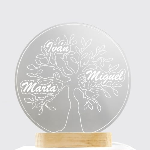 DEREGALOOS Lámpara LED Personalizada Árbol Genealógico. Lámpara decorativa Árbol de la Vida. Regalos Originales familia. Base Madera Led (Pequeña)