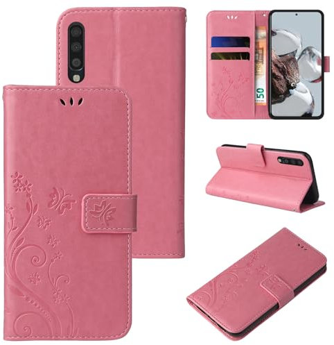 LBH Handy Hülle für Samsung Galaxy A70 Case Handytasche Schmetterling Blumen Flower Standfunktion Schutzhülle Magnet Rundum Schutz 360 Grad Flipcase Cover Rosegold