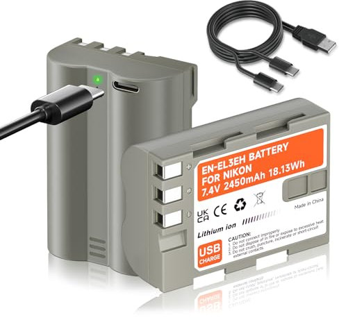 Mspalocell Batterie de Remplacement EN-EL3E USB-C 2450 mAh pour Nikon D300 D300s D90 D80 D70 D70s D200 D100 D700 D30 D50 D50S EN-EL3e en EL3e ENEL3e, Batterie 2 pièces