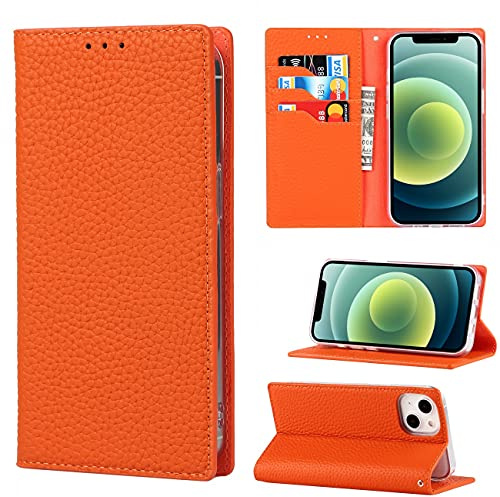CAVOR HandyHülle kompatibel mit iPhone 13 Mini Hülle,Flip Echtleder Geldbörse Handyhülle,[3 Kartenfächer][Magnetisch][RFID Blocker],Klapphülle kompatibel mit iPhone 13 Mini - Orange