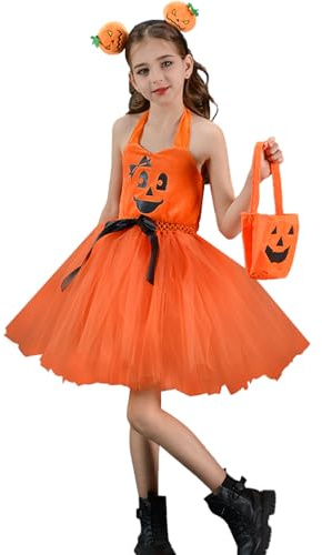FEOYA Kürbis Kleid für Mädchen Kinder mit Stirnband und Tasche Karneval Verkleidung Outfits mit Tutu Rock 3tlg Niedliche Ärmellos Tüllkleid Verstellbare Schultergurte Festlich Kleidung 10-12 Jahre