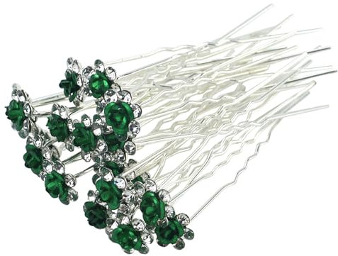 22Pcs (Green) Crystal Hair Pins Rose Flower Rhinestone Hair Clips for Bridal Wedding Women Hair Jewelry Accessories,with Clear Container