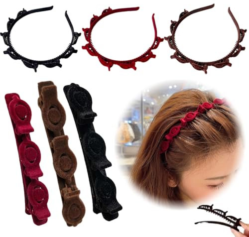 Lot de 3 serre-têtes avec pinces,Livré avec trois épingles à cheveux,Bangs Hairpin,Double Bangs coiffure épingle à cheveux,Braid Hairband,Bandeau avec serre-tête,Bandeau élégant pour femmes