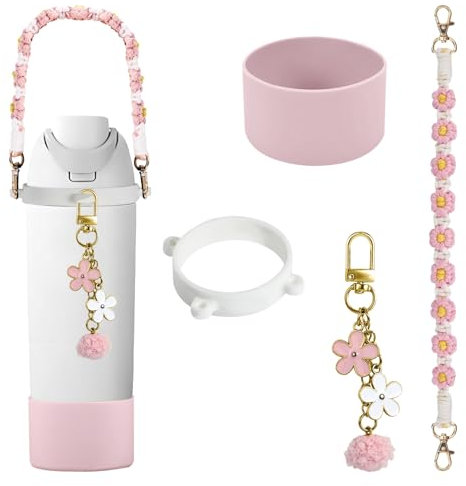 Accessories Set for Owala Water Bottle 24 oz 32 oz 40 oz, Anti-slip Silione Boot, Hand-woven Water Bottle Handle Strap and Keychain Charm included, Perfectly to Compatible with Owala freesip