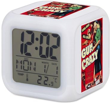 Fabulous Wecker, Würfel, beleuchtet, Weiß – Gun Crazy Alte Filmposter Retro Kino Vintage 1 – 7,8 x 7,8 x 7,8 cm – Retro Beleuchtung Mehrfarbig LED