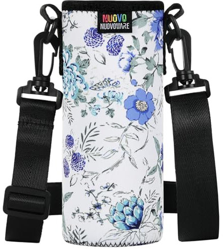 Nuovoware Porte-Bouteille en Néoprène Sac fourre-Tout 750ml avec Bandoulière Réglable, Portable et Isolé, Parfait pour Bouteille en Acier Inoxydable et en Plastique, Blanc/Bleu