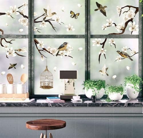 JarThenaAMCS 9 Sheets Spring Summer Bird Branch Window Clings White Cherry Blossom Tree Window Stickers Anti-Collision Collision Double-Sided Glass Decals for Home Office Party Decoration