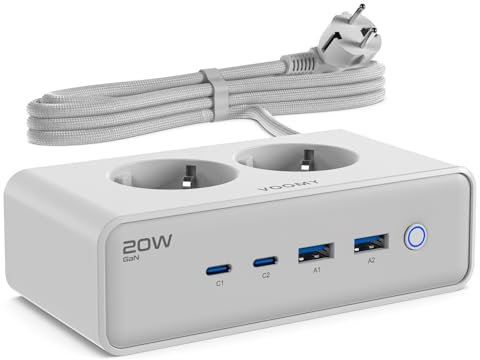 VOOMY Multiprise avec Interrupteur & USB-C 20W Rapide, 2 USB-C, 2 USB-A, 2 Prises Secteur, Rallonge Electrique 2m, Multiprise parafoudre et surtension, Multiprise USB c idéal comme Bureau multiprise
