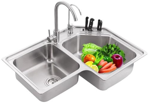 Sxlawesom Fregadero de Esquina de Acero Inoxidable de Dos Senos Fregaderos de Cocina bajo encimera Fregadero de estación de Trabajo con Accesorios(Kit-C,with Knife Rack Box)