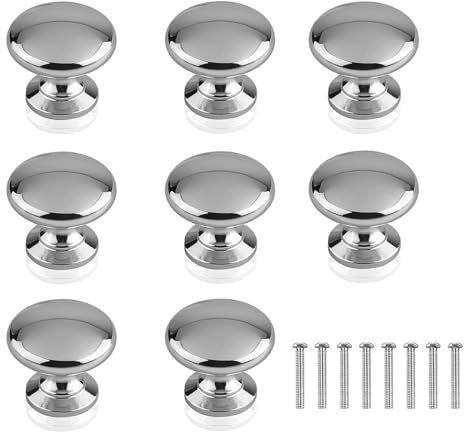 XMDROU 8PCS Cabinet Knobs, 29 x 21 MM Round Cupboard Handles with Screws Stainless Steel Cupboard Door Knobs Chrome Silver Mushroom Drawer Knob Dresser Drawer Pulls