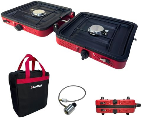 CAMPLUX FoldGo Réchaud de camping à 2 brûleurs, réchaud à gaz portable avec poignée pour bidon de gaz vissable, idéal pour le camping, la randonnée et les pique-niques