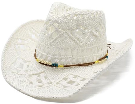 Generisch 2025 - Chapeau de cowboy occidental d'été pour hommes et femmes Chapeau de paille malléable Chapeau de soleil creux Chapeau de soleil Garçon 53, Blanc., taille unique