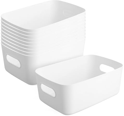 Woobroo 10 Pack Storage Boxes, White Storage Baskets, Stackable, 25X16X10 CM Storage Boxes for Kitchen, Cabinets, Office, Bathroom