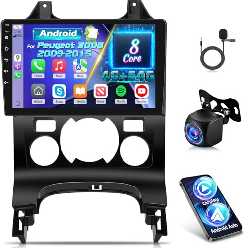 8 Núcleos Qualcomm 4G+64G Radio de Coche para Peugeot 3008 2009-2015 | 9 Pulgadas Radio con Carplay y Android Auto/ WiFi/GPS/Bluetooth 5.1/DPS Hi-Res/FM RDS