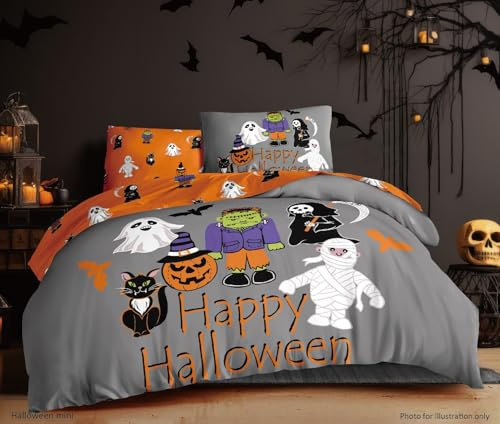 Charlotte Andersen Halloween Bedding King Duvet Cover Set Haunted Mini Monsters Reversible Soft Grey Orange Bed linen (King)