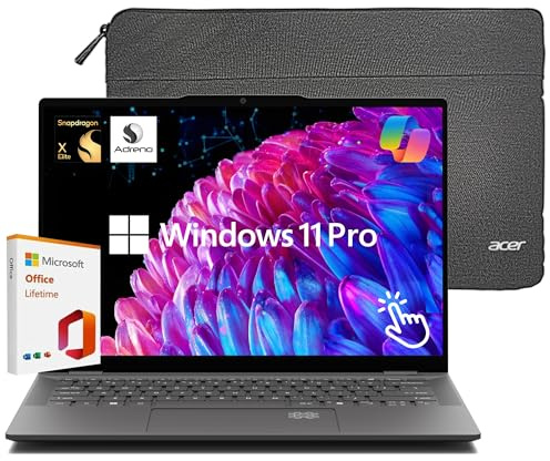 acer Ordinateur portable Swift 14, 14,5'' 2560 x 1600 120 Hz, processeur Snapdragon X Elite 12 cœurs, 16 Go LPDDR5X 1 To SSD, batterie 26 heures, WiFi 7, FP, Copilot AI, Windows 11 Pro avec MS Office