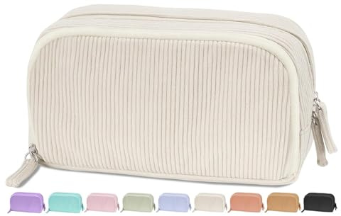 OFFOF Federmäppchen aus Cordstoff – Schulmäppchen mit 3 Fächern, große Kapazität, robuste Federtasche für Stifte, ideal für Schule, Büro und Studium (Beige)