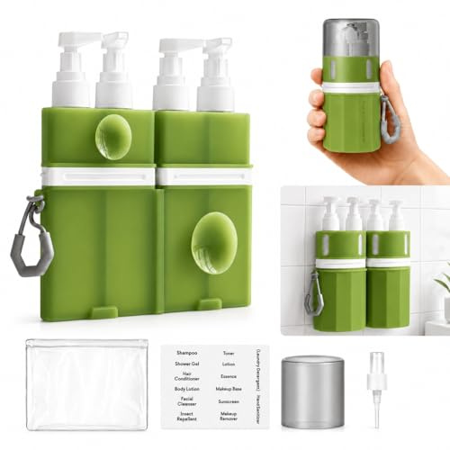 CMOLARI Flacons de Voyage Rechargeables 4 en 1, Kit Voyage Avion Anti-Fuite en Silicone avec Ventouse, Pompe, Spray, Étiquettes & Sac, Contenant Voyage pour Shampoing, Gel Douche, Lotion (Vert)