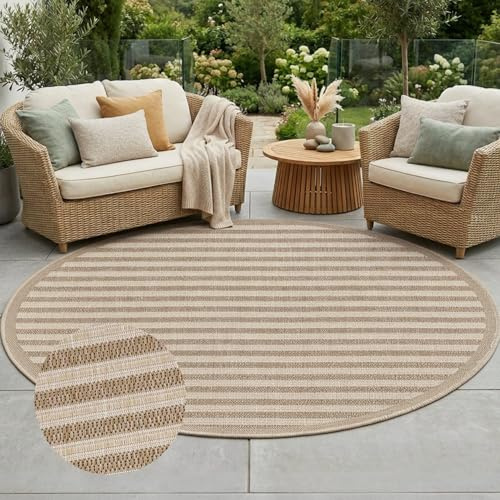 carpet city Outdoor-Teppich Wetterfest Braun 200 cm Rund - Moderne Linien-Optik, Flachgewebe, Robust, UV-beständig & Witterungsbeständig - für Außenbereich, Balkon, Terrasse, Flur