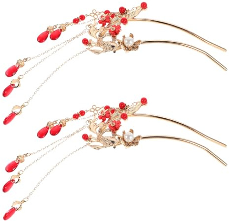 FOYTOKI Asiatische Haarnadel mit Quasten, 1 Paar Kunststoff Haarschmuck mit Fischsprung Motiv für Hochsteckfrisuren und traditionelle Feste für Braut und Frauen