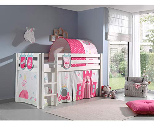 Spielbett Pino mit Textilset Vorhang, Tunnel und 3 TaschenPrinces, Kiefer Massiv weiß Lackiert