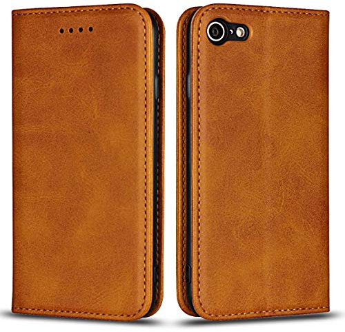DENDICO Classic Leather Wallet Case Flip Notebook Style Cover with Magnetic Closure, Card Holders, Stand Feature - Light Brown for iPhone SE 2022 / 2020 / 8 / 7
