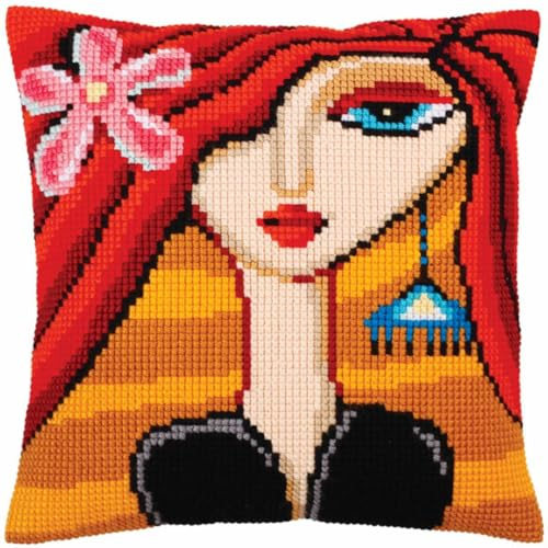 CdA Kreuzstichkissen Mädchen mit einem türkisfarbenen Ohrring 5281, 40x40cm, Stickbild vorgezeichnet