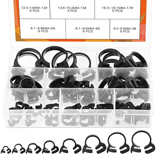 Rustark 48 Pcs 8 Sizes Hose Clamps Ratcheting Assortment Kit Heavy Duty Speedy Double Snap Grip Nylon Plastic Adjustable Fuel Line Clamp for Plumbing, Automotive and Mechanical Application (Black)