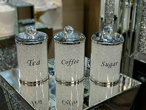 Diamond Style Crystal containers for Coffee Tea Sugar Kitchen Storage tins, Canisters, Jars. Jars setcrushed diamond loose jewel Ideal for Gift to love one's (white crystal/silver edge)