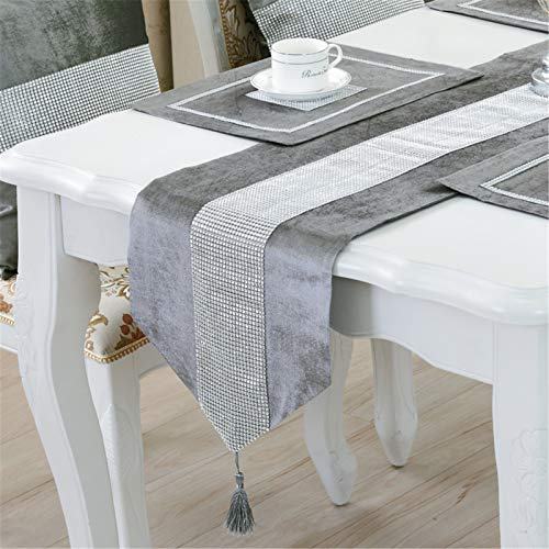 SWECOMZE Tischläufer mit Diamant, Tischtuch mit Quaste Tischdecke für Partys | Abendessen | Feiertage | Küche | Thanksgiving | Weihnachten (Grau,32 * 180CM)