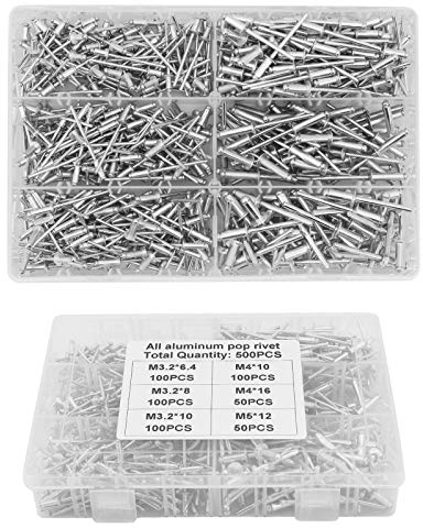 Yuhtech Rivets Aveugles, 500 Pcs M3.2 M4 M5 Rivets Aveugles en Aluminium Rivet Aluminium Rivets Pop Assortiment de Rivets avec Boîte pour Métal, Bois, Plastique