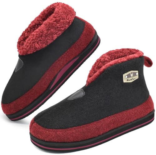 KuaiLu Mens Felt Winter Warm Boot Slippers Cosy Memory Foam Faux-Fleece Lined Bootie Slippers with Comfy Arch Support House Shoes Non-Slip Indoor Outdoor Hard Sole Red 8.5
