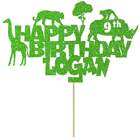 Personalised Jungle Animals Glitter Cake Topper- Green Any Custom Age & Name Glitter Cake Decoration and Sprinkles - Happy Birthday Decorations - Personalised Toppers for Cakes by Cakeshop