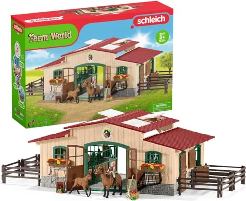 Schleich FARM WORLD - Set de Establo de Schleich, 96 Piezas - Incluye Figura de Jinete, 2 Caballos y Accesorios para la Granja de Juguete - Juguetes para Niños de 3 Años o Más