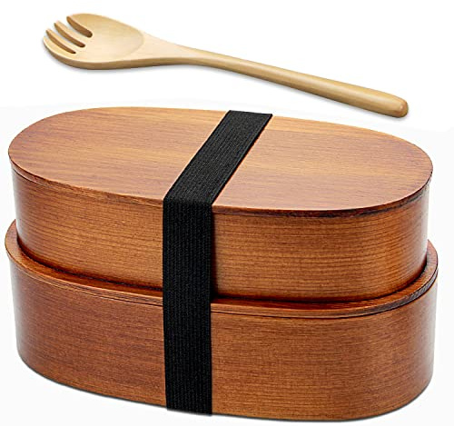 YFWOOD - Lonchera japonesa, de madera natural, de doble capa, para niños, adultos, picnic, oficina, escuela, senderismo, camping