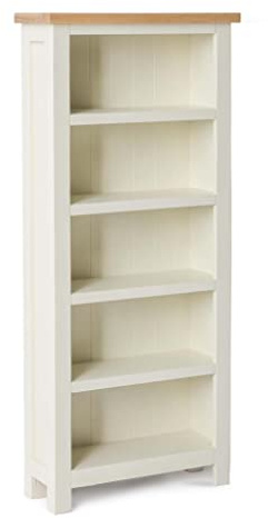 RoselandFurniture Farro Cream 5 Shelf Slim Bookcase for Living Room | Open Bookshelf Display, Pine Solid Wood Finish, Contemporary Country Style, Also for Office, H140cm W60cm D22.5cm