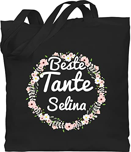 Baumwolltasche - Beste Tante - Boho Blumenkranz mit Name - Unisize - Schwarz - personalisierte geschenke für tasche tanten beutel auntie jutebeutel personalisierbar einkaufstasche personalisiertes