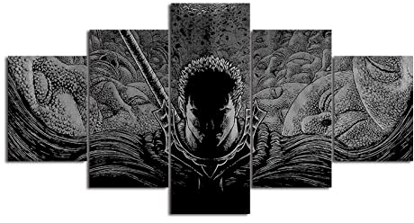 Wondbeau Leinwanddrucke Modulare Wandkunst Wandaufkleber, Black and White, Berserk Guts, 5 Teiliges Wandbild Druck auf Leinwand Malerei Moderne Abstrakte Poster Mit Rahmen M/100cm×50cm