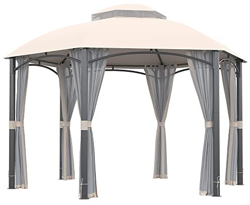 Outsunny Cenador de Jardín Hexágono 4x4 m Pabellón Exterior con Doble Techo de Ventilación y 6 Mosquiteras con Cremallera Gazebo para Fiestas Balcón Patio Caqui