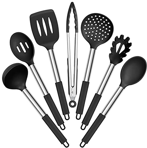 E-far Juego de 7 utensilios de cocina de silicona, color negro