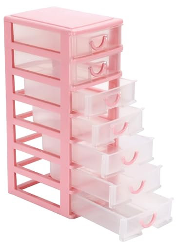 Rempry Mini organiseur en plastique avec 7 tiroirs transparents, petits tiroirs de rangement pour bureau, comptoirs, armoires, 18 x 13 x 33,5 cm, rose
