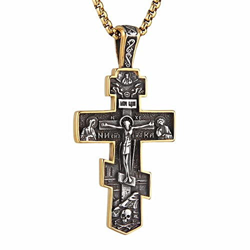 HZMAN Eastern Orthodox Cross Halskette für Männer Frauen Retro Religiöse Jesus Kruzifix Byzantinisches Kreuz Christliche Anhänger Schmuck Geschenk