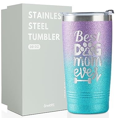 Onebttl Dog Mom Gift for Women, Dog Lover Gifts for Women, Best Dog Mom Ever, 590ml Stainless Steel Vacuum Insulated Travel Mug Tumbler with Lid & Straw, Glitter Blue & Purple