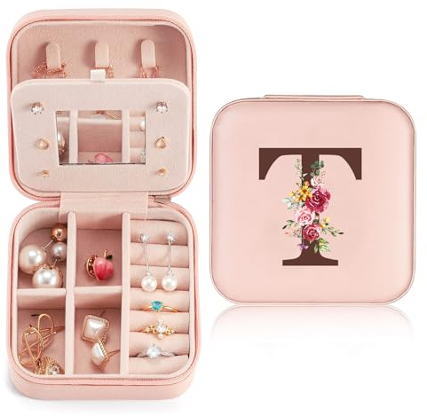 Reise Schmuckkästchen Klein mit initialen T und Blume, Schmuckaufbewahrung für Damen PU-Leder, Mini Schmuckschatulle Schmuckkasten für Damen Mädchen Geschenk für Geburtstag, Weihnachten, Muttertag