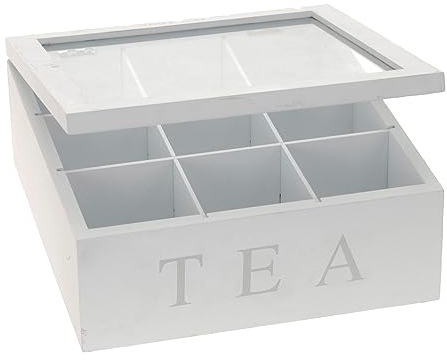 Teebox aus Holz, Teekasten in der Farbe weiß, Teekiste mit 9 Fächern, große Teebeutelbox Shabby