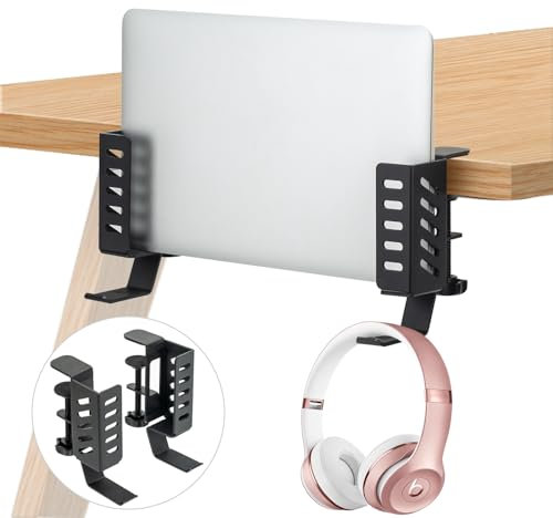 FEIKU Vertical Laptop Stand - No Drill Desktop Mount, Hanging Holder for Desk Side, Clamp-on Storage Organizer for Laptops, Books, Keyboards, Headphones, Backpacks - Black
