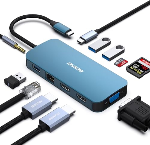 BENFEI Station d'accueil USB C MST 11 en 1 avec câble tissé en silicone, HUB USB-C avec USB-C vers 2*HDMI/1*VGA, vers 3*USB 3.0/SD/TF lecteur de carte/Ethernet/100W Alimentation/audio auxiliaire 3.5mm