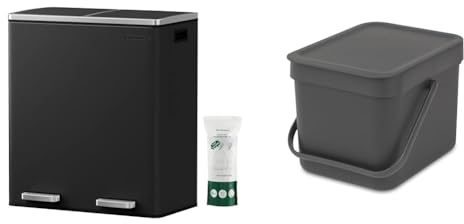 SONGMICS Double Rubbish Bin, 2 x 30L Waste and Recycling Kitchen Bin with 15 Rubbish Bags, Black LTB60BK & Brabantia 109720 Sort and Go Food Waste Caddy, Plastic, 6 L - Grey